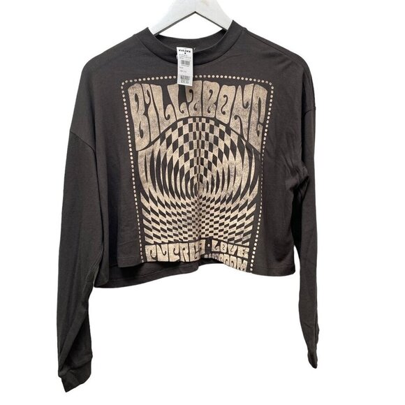 NEW Billabong Graphic Tee XS Oversized Brown Long Sleeve Cropped Womens Top - Picture 3 of 8